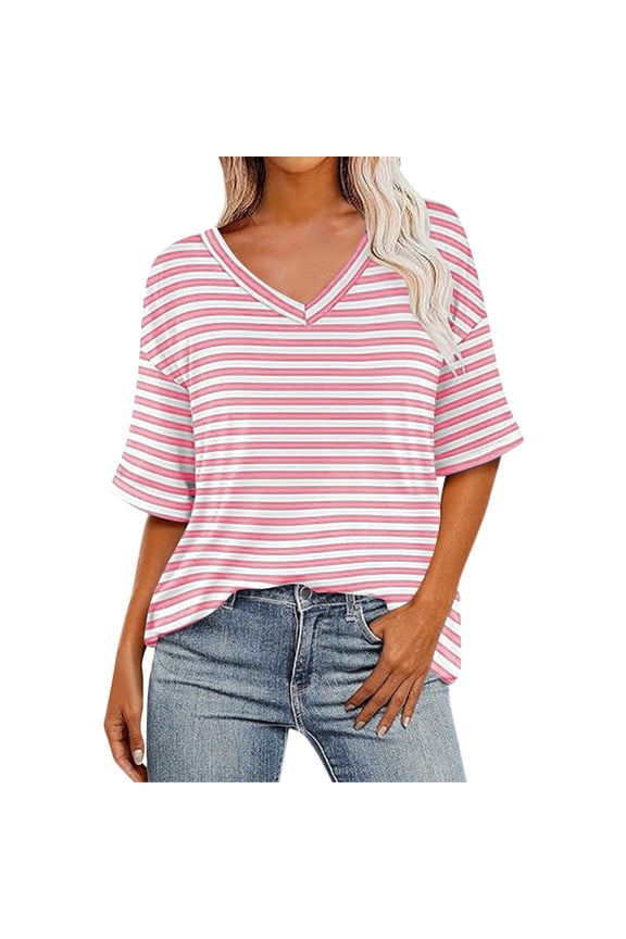Women's T-Shirts Half Sleeve V Neck Casual Summer Tops Oversized Stripe Print Basic Loose Fit Tunic Tops