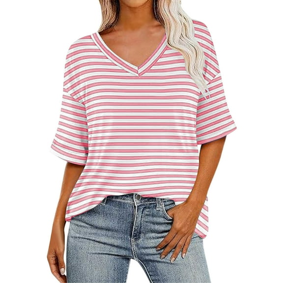 VerPetridure Women's T-Shirts Half Sleeve V Neck Casual Summer Tops Oversized Stripe Print Basic Loose Fit Tunic Tops