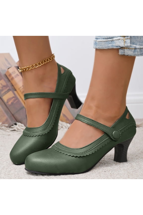 Women's Versatile Kitten Heel Pumps Dressy Low Heel Dress Shoes Vintage Vegan Leather Sandals with Ankle Strap, Green Size 7.5