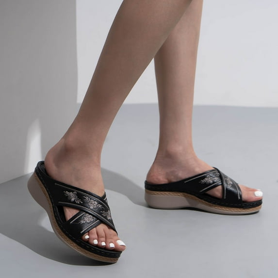 VerPetridure Women's Wedge Heel Slippers Outer Wear Embroidered Large Size Comfortable Beach Sandals