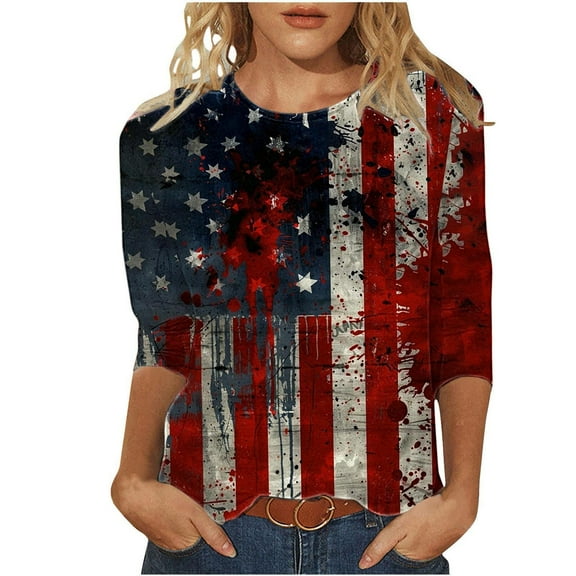 VerPetridure Womens 3/4 Sleeve American Flag T-Shirts Crew Neck 4th of July Summer Graphic Tee Tops