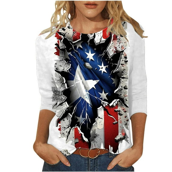 VerPetridure 4th of July Shirts Women American Flag 3/4 Sleeve Shirt Independence Day Tops Casual Summer T Shirt Patriotic Tees