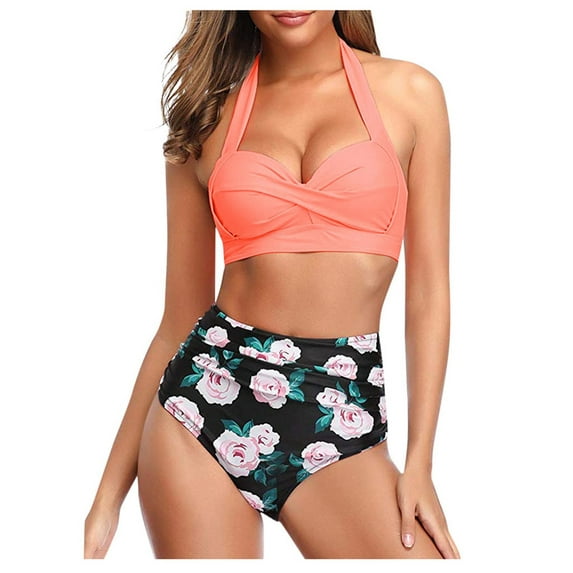 VerPetridure Womens Bikini Set Women Vintage Swimsuit Two Piece Retro Halter Ruched High Waist Print Bikini Set
