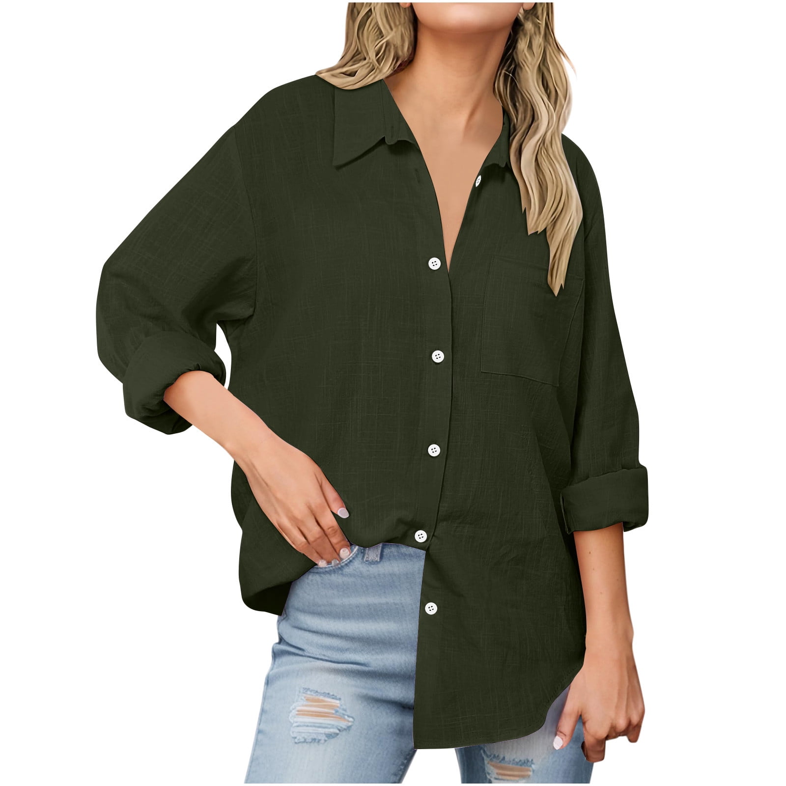 Zeagoo Womens Cotton Button Down Shirts Long Sleeve V Neck Collared Tops Work Office Blouse Shirt 2025 L