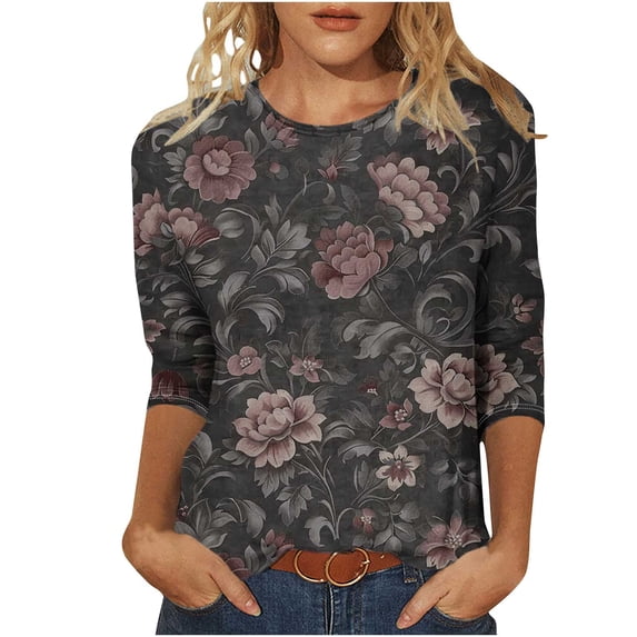 VerPetridure Womens Casual 3/4 Sleeve T-Shirts Round Neck Cute Print Tops Trendy Loose Fit Three Quarter Length Blouses