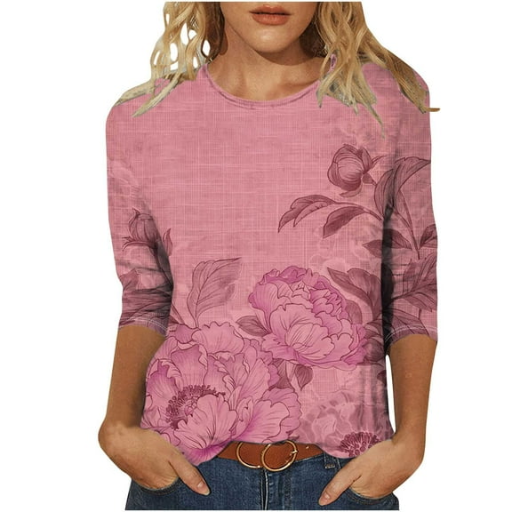VerPetridure Womens Casual 3/4 Sleeve T-Shirts Round Neck Cute Print Tops Trendy Loose Fit Three Quarter Length Blouses