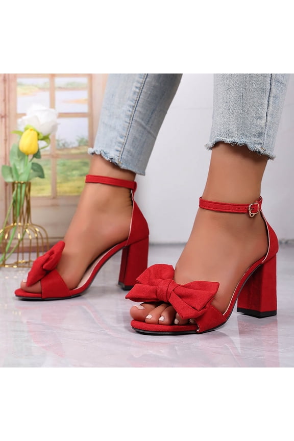 Womens Closed Toe Pumps Pointed Toe Bow on Toe Ankle Strap Chunky Block Heel Bridal Wedding Dress Shoes for Party Red 5.5