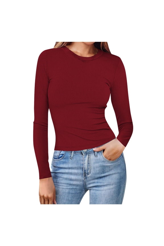 Womens Long Sleeve Stretch Crewneck Ribbed T-Shirt Fitted Casual Basic Tops Slim Fit Tops Winter Warm Undershirts