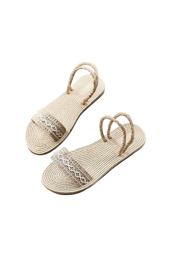 Womens Sandals Casual Summer Flat Shoes Imitation Straw Women's Flip Flops Outside Wear Beach Casual Sandals