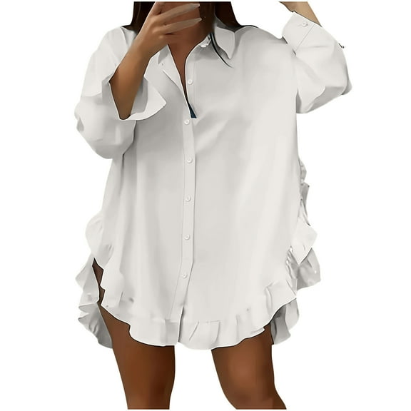 VerPetridure Womens Shirts Ruffle Hem Oversized Button Up Blouse Long Sleeve Office Work Tunic Tops Dressy Business Casual Outfits
