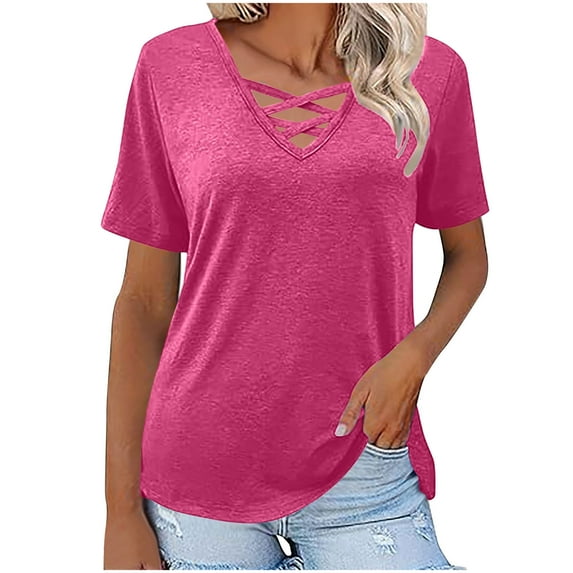 VerPetridure Womens T Shirts V-Neck Short Sleeve Loose Fit Shirts Casual Solid Basic Tops