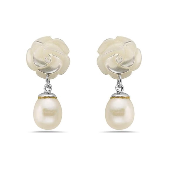 Vera 2S-5353MFP Sterling Silver Mother of Pearl Carved Flower Top Earring with Drop of Freshwater Pearl