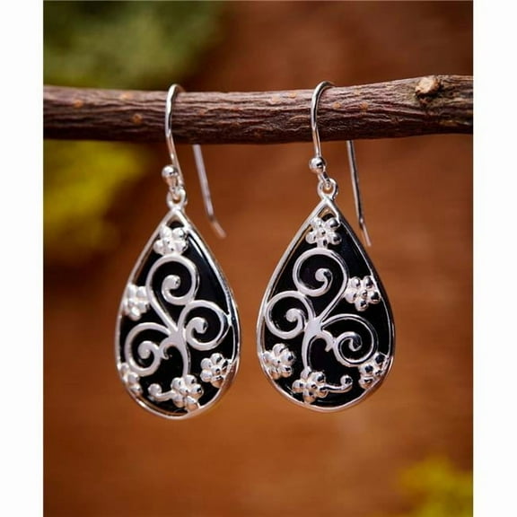 Vera 2S-7204N Sterling Silver Teardrop Black Onyx Filigree Top Earring