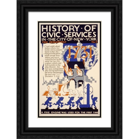 Vera Bock 17x24 Black Ornate Framed Double Matted Museum Art Print Titled: History of Civic Services in the City of New York Fire Department No. 2 (1938)