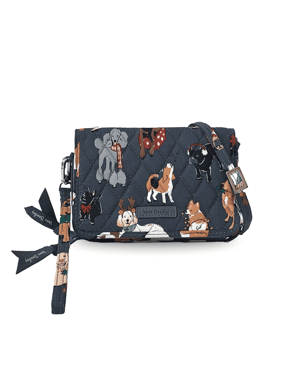Crossbody RFID Wallet, 3-in-1 Wristlet, Adjustable Strap, Limited Edition Design, Holiday Dogs, Gray Multi