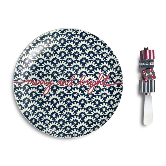 Vera Bradley Holiday Serving Set, 8" Ceramic Cheese Dish with Stainless Steel Cheese Spreader