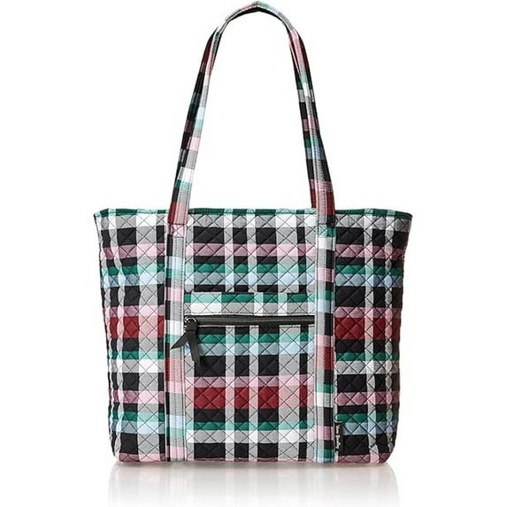 Vera Bradley Women's Cotton Quilted Vera Tote Bag in Ribbons Plaid, zip top