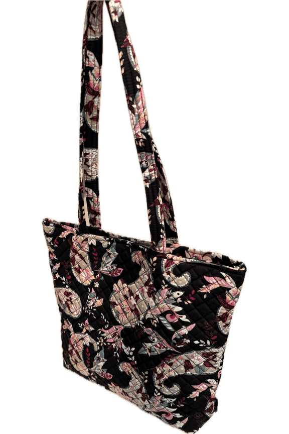 Women's  Cotton Tote Bag in Botanical Paisley with Magnetic Snap Closure, Black with Pink