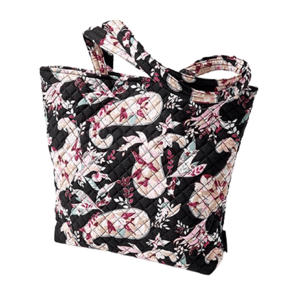 Vera Bradley Women's Cotton Tote Bag in Botanical Paisley with Magnetic Snap Closure, Black with Pink