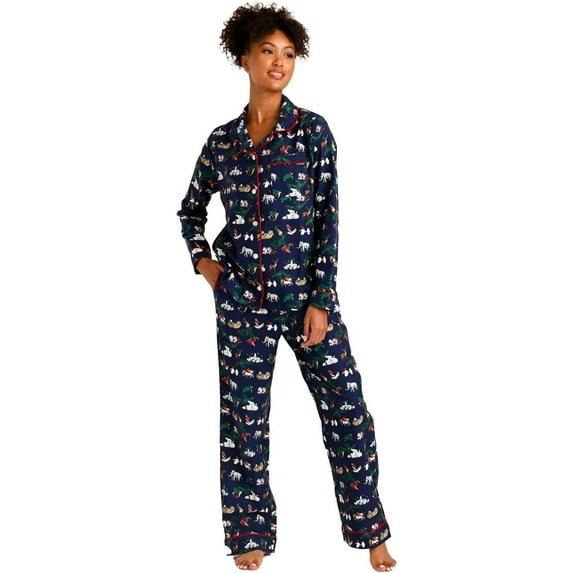 Vera Bradley Womens 100% Cotton Flannel 2 Piece Pajama Set Snow Globe Motifs Medium