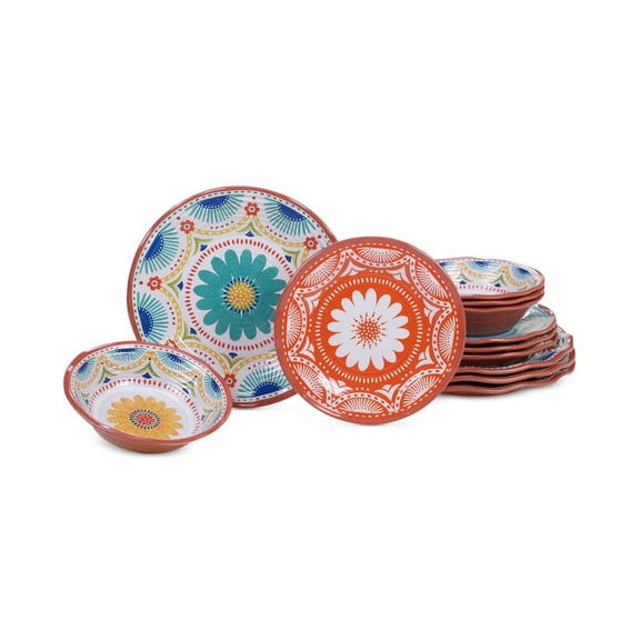 Vera Cruz Melamine 12-Piece Dinnerware Set, Service for 4, Vibrant Southwestern Pattern, Shatter-Resistant & Lightweight