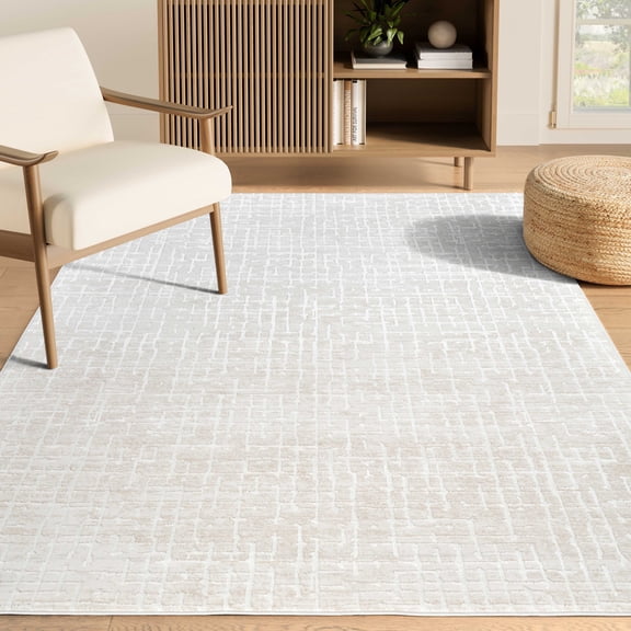 Vera Modern Geometric Grid Runner Rug 3x6 Beige Ivory