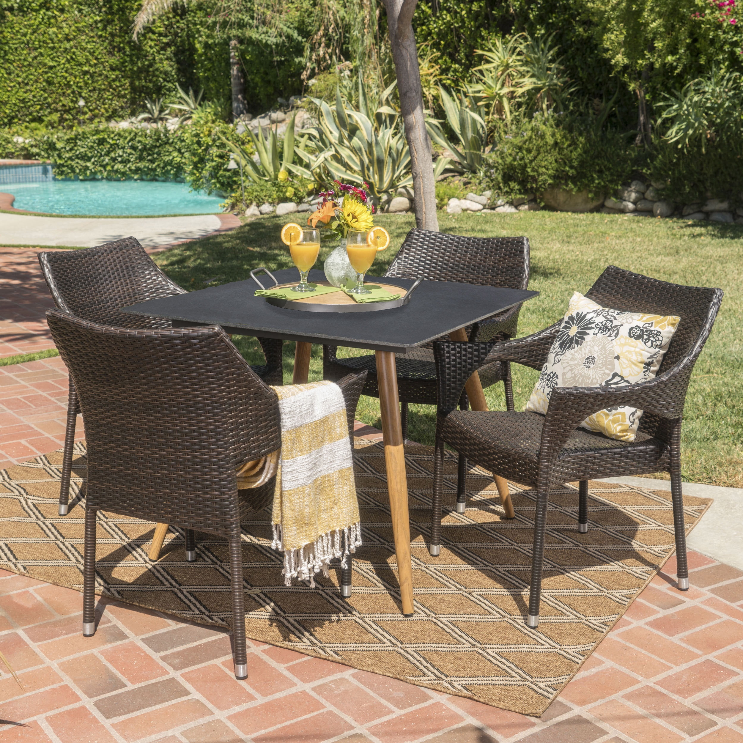 Vera Outdoor 5 Piece Wicker Dining Set with Stonelike Tempered Glass