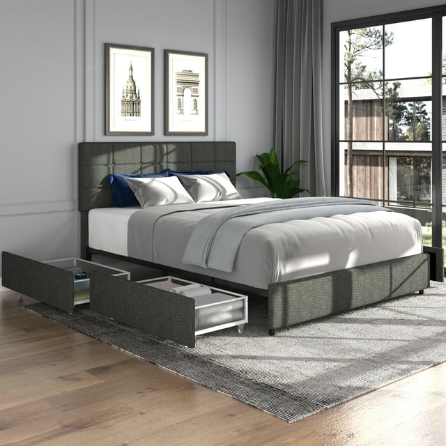 Vera Queen Size Gray Linen Upholstered Platform Bed with Patented 4