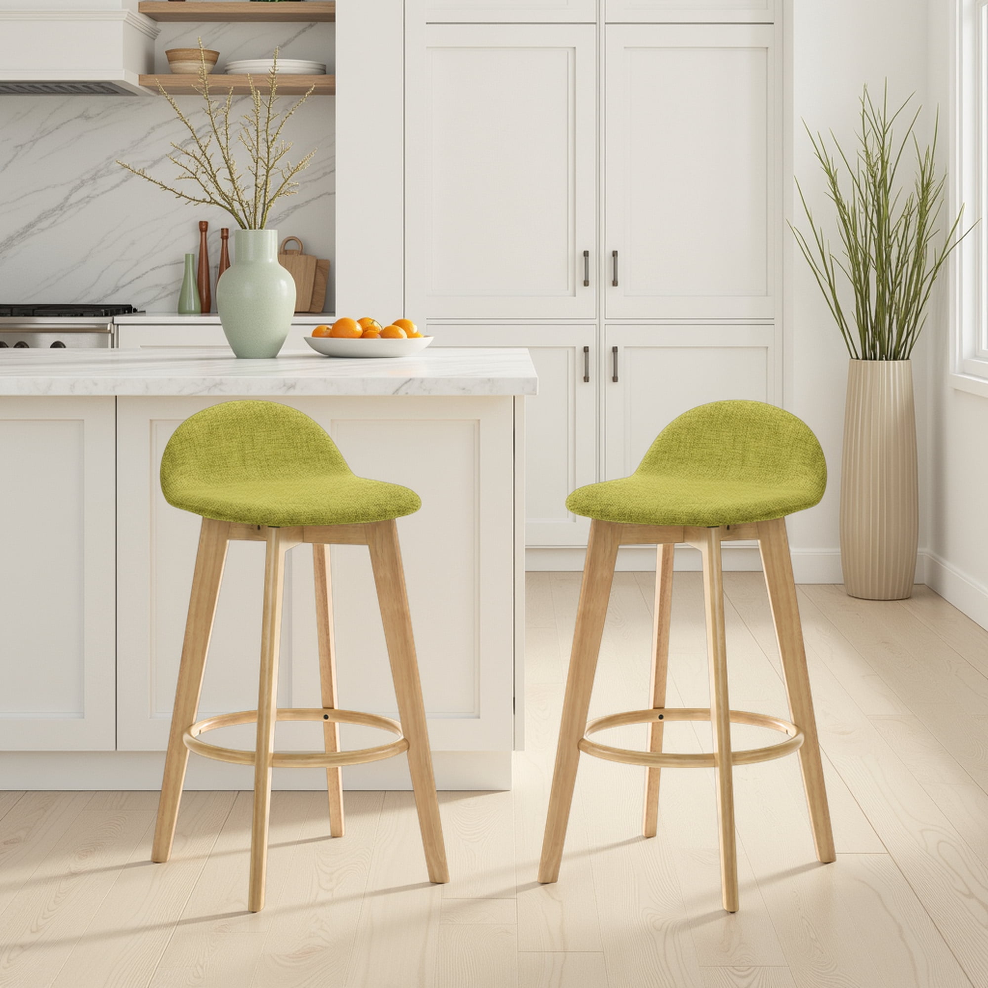 Vera Upholstered Wood Counter Height Barstool in Natural Finish with Moss Green Seat - Set of 6