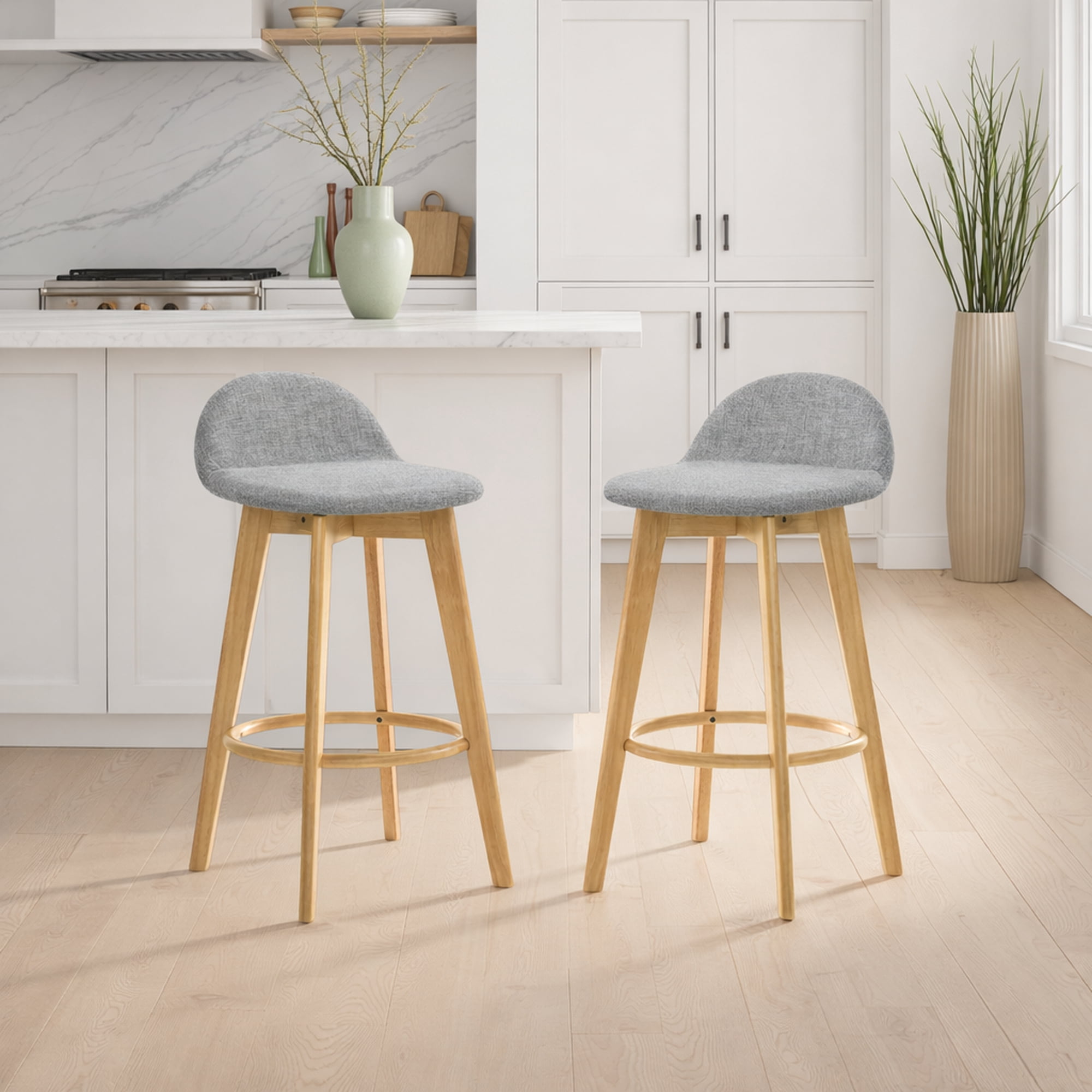 Vera Upholstered Wood Counter Height Barstool in Natural Finish with Stone Gray Seat - Set of 4