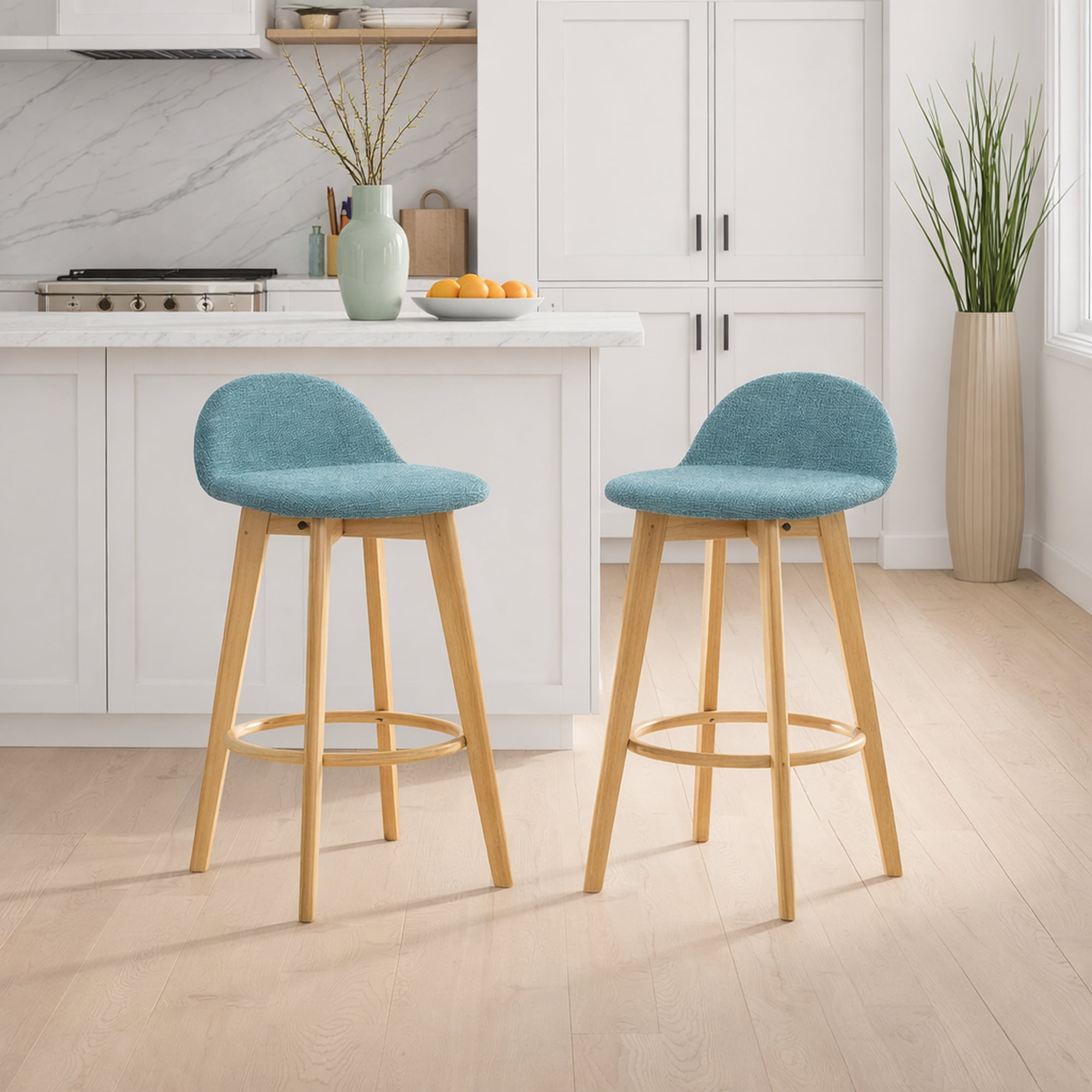 Vera Upholstered Wood Counter Height Barstool in Natural Finish with Teal Seat - Set of 6
