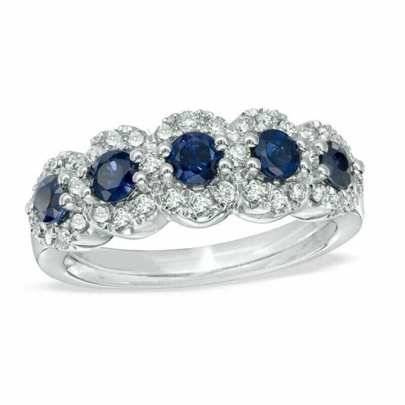 Vera Wang Five-Stone Lab-Created Sapphire Halo Lab-Created Diamond Wedding Ring, 925 Sterling Silver