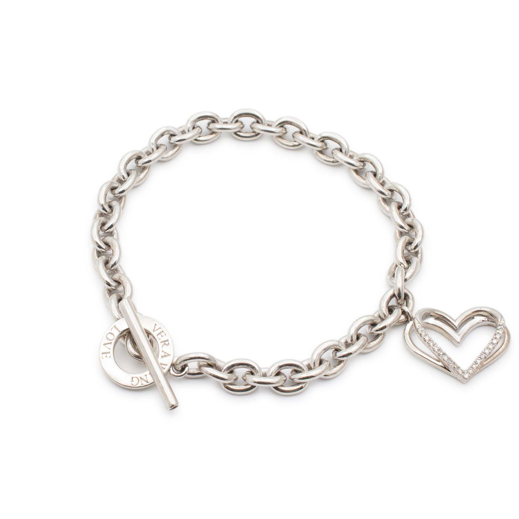 Vera Wang Ladies Love Collection 925 Sterling Silver the Kindred Heart  Diamond Toggle Charm Bracelet