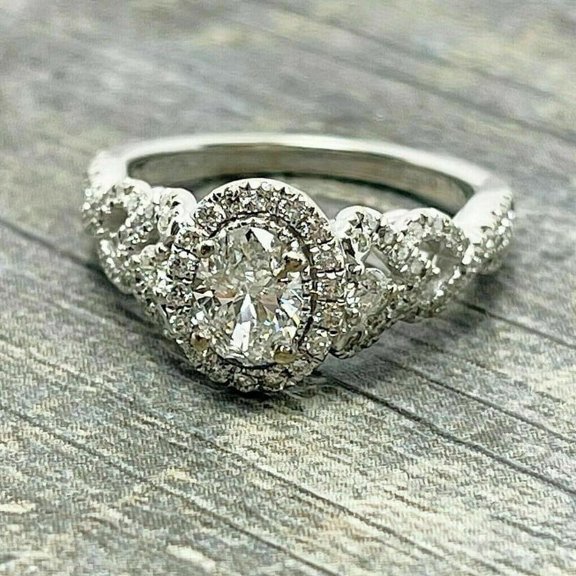 Vera Wang Oval Cut Lab-Created Diamond Halo Wedding 14Ct White Gold Filled Ring