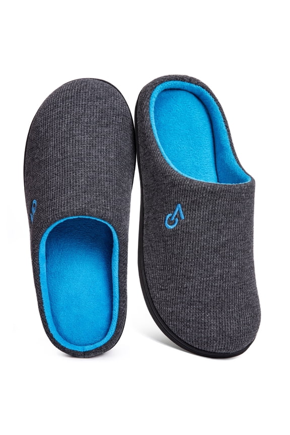 VeraCosy Men's Two-Tone Memory Foam House Slippers Indoor Outdoor Durable Rubber Sole Dark Gray/Blue,11-12 US