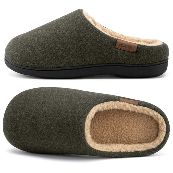 VeraCosy Men's Wool Felt Slippers with Comfy Fuzzy Faux Sherpa Slip-on Memory Foam for Indoor House Umber Green, 7-8 US