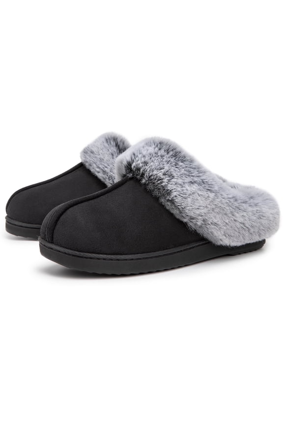VeraCosy Women's Classic Suede Memory Foam Slippers Anti-Skid Scuff with Warm Faux Fur Collar, Black, 5/6 US