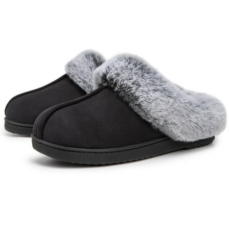 VeraCosy Women's Classic Suede Memory Foam Slippers Anti-Skid Scuff with Warm Faux Fur Collar, Black, 9/10 US