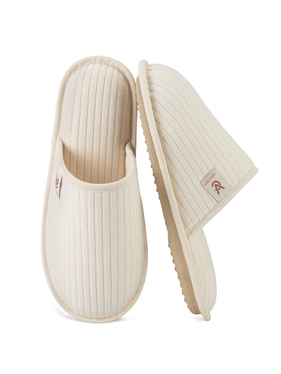 VeraCosy Women's Comfy Scuff Slippers Soft Non-Slip Terry Cloth Memory Foam Home Bedroom House Shoes Cream White,5-6 US