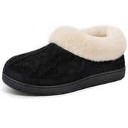 VERA COSY VeraCosy Women's Cozy Cable Knit Memory Foam House Shoes Slipper with Fuzzy Plush Collar,Black,7 US