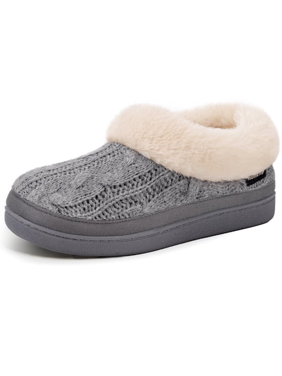 VeraCosy Women's Cozy Cable Knit Memory Foam House Shoes Slipper with Fuzzy Plush Collar,Gray,7 US