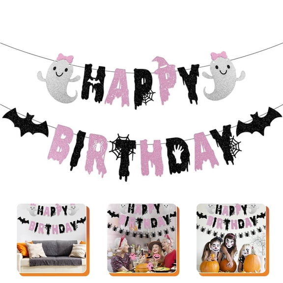 VeraQing heavy paper happy birthday ghost banner with pre cut hanging string for indoor holiday party wall setup decoration, 1 pack