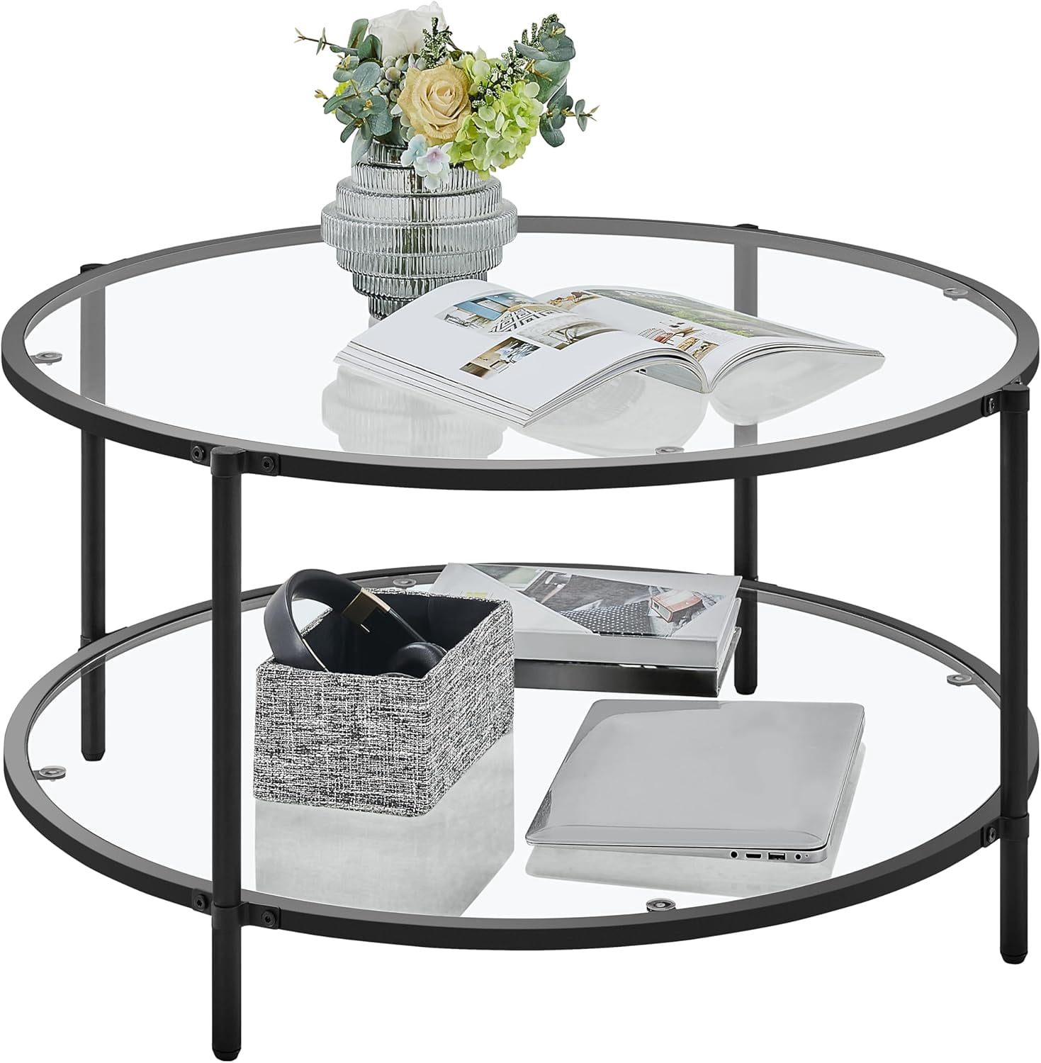 Verabella 36" Round Coffee Table, Glass Coffee Table with Storage Shelf ...