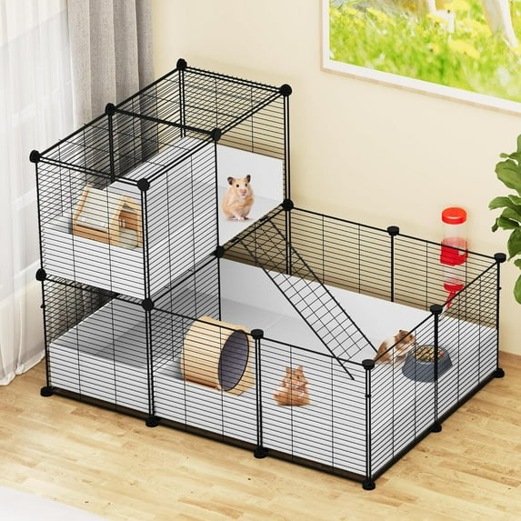 Verabella Guinea Pig Cage, Indoor C&C Small Animal Cage with Waterproof Plastic Liner, Loft and Partition for Bunny, Chinchilla and Hamster, Habitat Fence Playpen