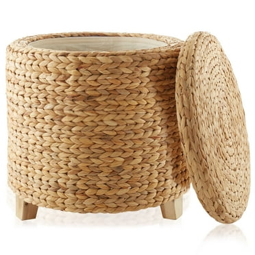 Verabella Round Storage Ottoman Footrest, Woven Hyacinth Wicker Footstool Basket with Lid