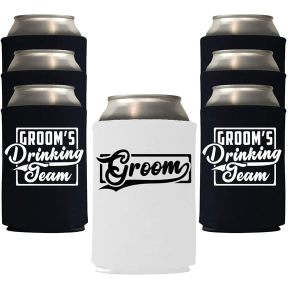 Veracco Groom and Groom's Drinking Team Can Coolie Holder Bachelor Party Wedding Favors Gifts For Groom Groomsmans Proposal (12, Wht Groom, Blk DT)