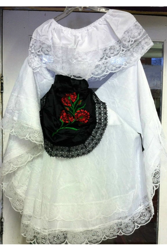 Veracruz Girls Folklorico Fiesta Dance Traditional Dress Set White Lace Small Length: 28