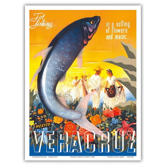 Veracruz Mexico - For Fishing in a Setting of Flowers and Music - Vintage Travel Poster by Espert c.1940s - Master Art Print (Unframed) 9in x 12in
