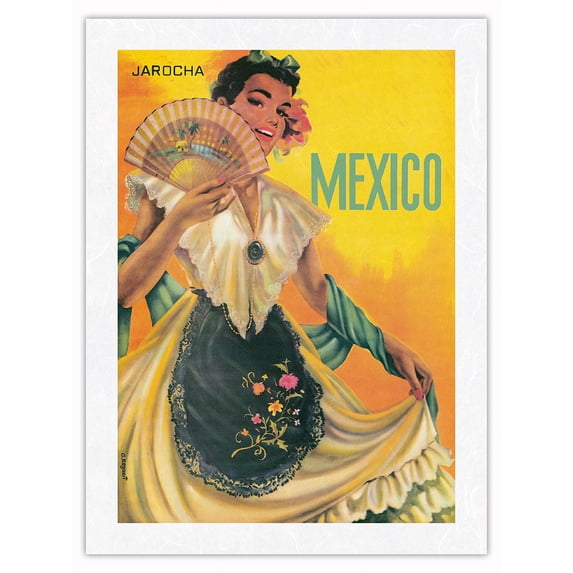 Veracruz Mexico - Jarocha Mexican Dancer - Vintage Travel Poster by A. Regaert c.1940 - Japanese Unryu Rice Paper Art Print (Unframed) 18 x 24 in