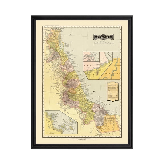 Veracruz Mexico Mexico Art, 1886 Vintage Map of Veracruz Mexico Mexico History Wall Decor Gift, Old Veracruz Mexico Map - 18" x 24" Black Framed Print